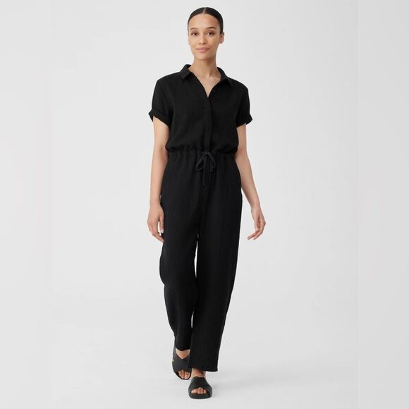 Eileen Fisher | Organic Cotton Black Short Sleeve Jumpsuit - Picture 1 of 7